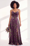 Green A-Line Cowl Floral Velvet Long Bridesmaid Dress with Slit