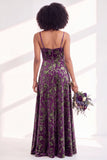Green A-Line Cowl Floral Velvet Long Bridesmaid Dress with Slit