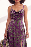 Green A-Line Cowl Floral Velvet Long Bridesmaid Dress with Slit