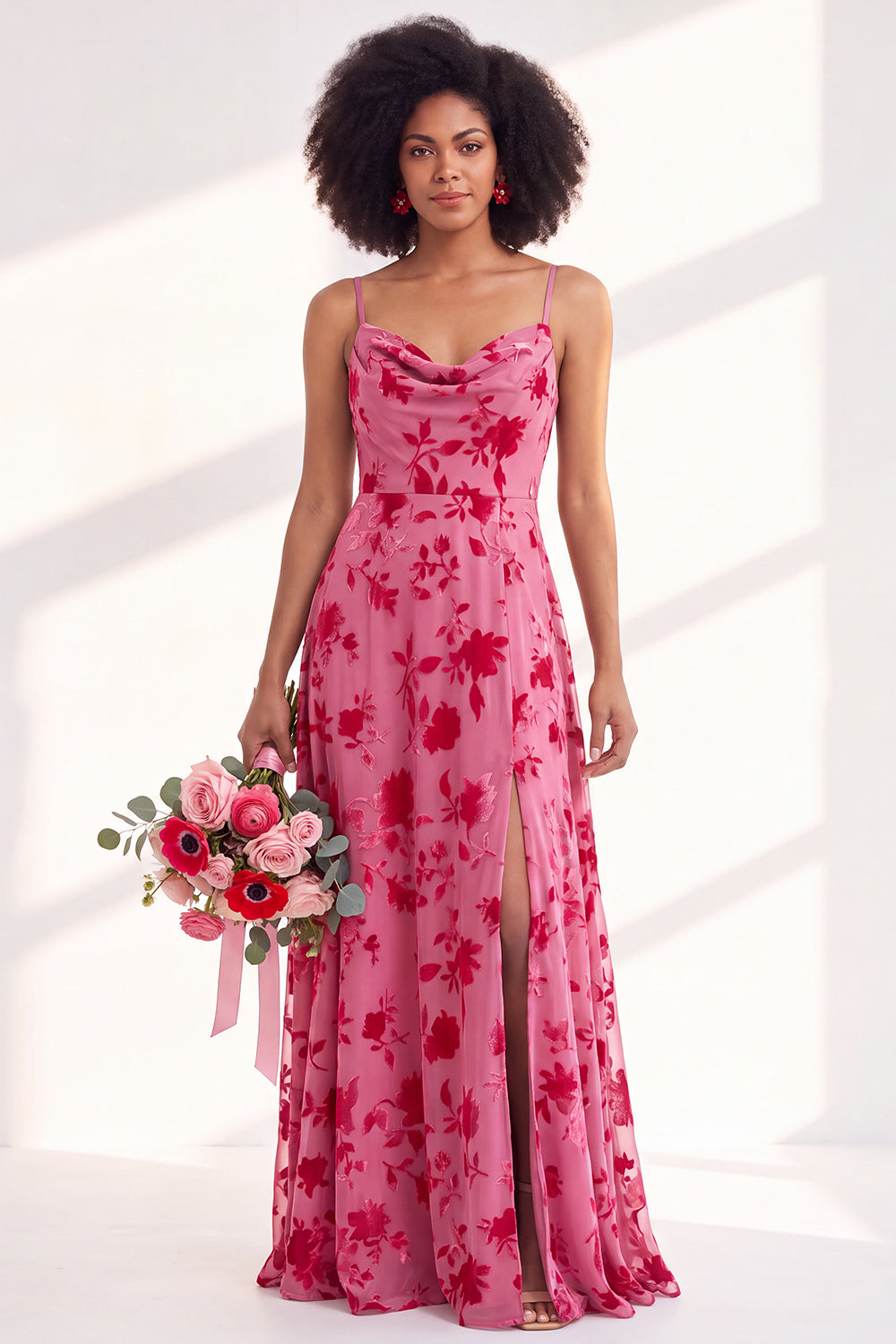 ZAPAKA Women Cowl Neck Floral Velvet Bridesmaid Dress Spaghetti Straps Long A-Line Wedding Party Dress with Slit, Fuchsia / US10
