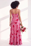 Green A-Line Cowl Floral Velvet Long Bridesmaid Dress with Slit