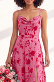 Green A-Line Cowl Floral Velvet Long Bridesmaid Dress with Slit