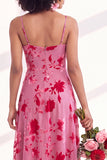 Green A-Line Cowl Floral Velvet Long Bridesmaid Dress with Slit