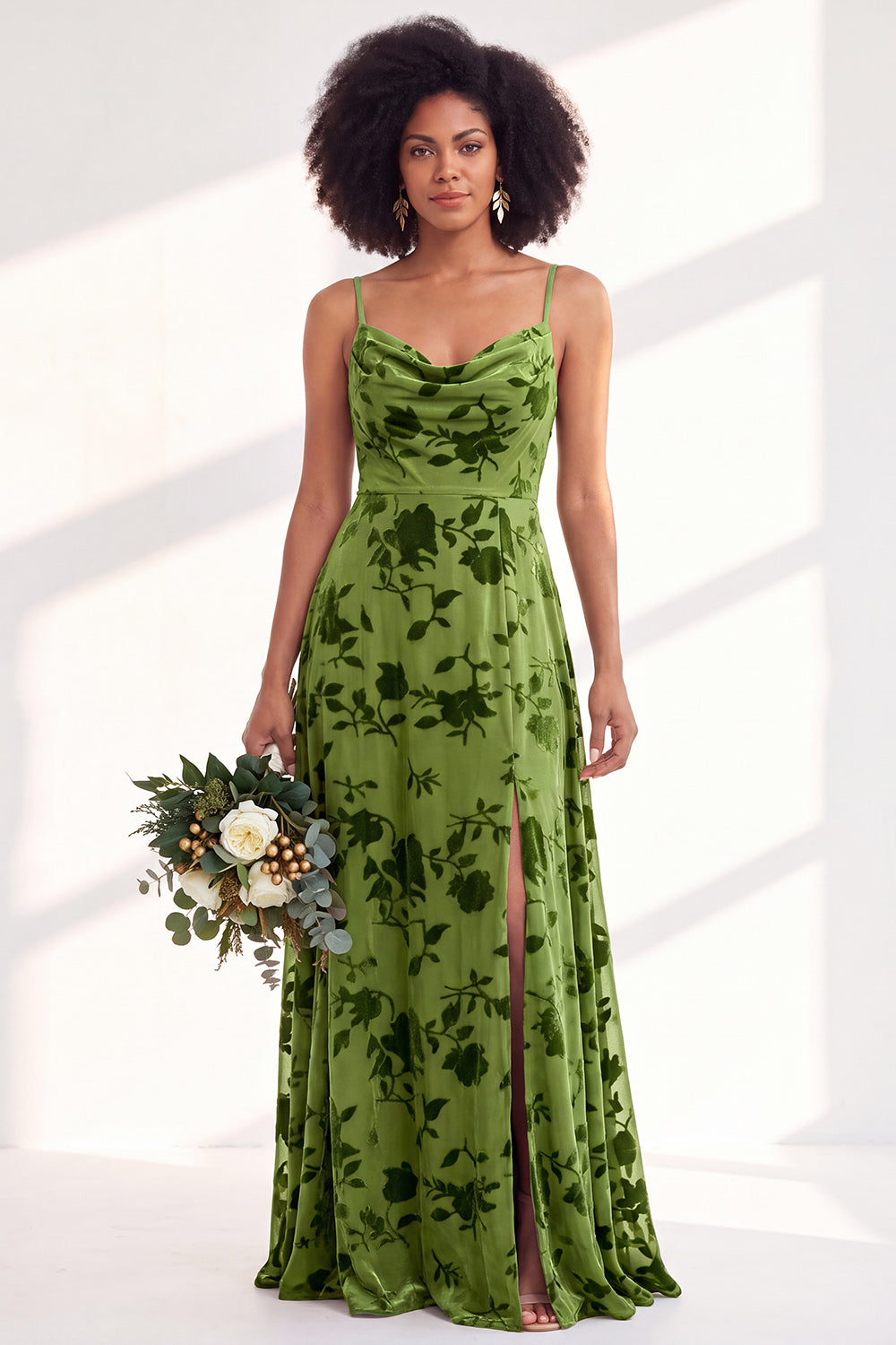 ZAPAKA Women Cowl Neck Floral Velvet Bridesmaid Dress Spaghetti Straps Long A-Line Wedding Party Dress with Slit, Green / US16