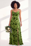 Green A-Line Cowl Floral Velvet Long Bridesmaid Dress with Slit