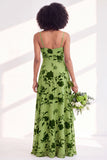 Green A-Line Cowl Floral Velvet Long Bridesmaid Dress with Slit