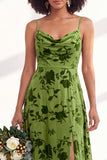 Green A-Line Cowl Floral Velvet Long Bridesmaid Dress with Slit
