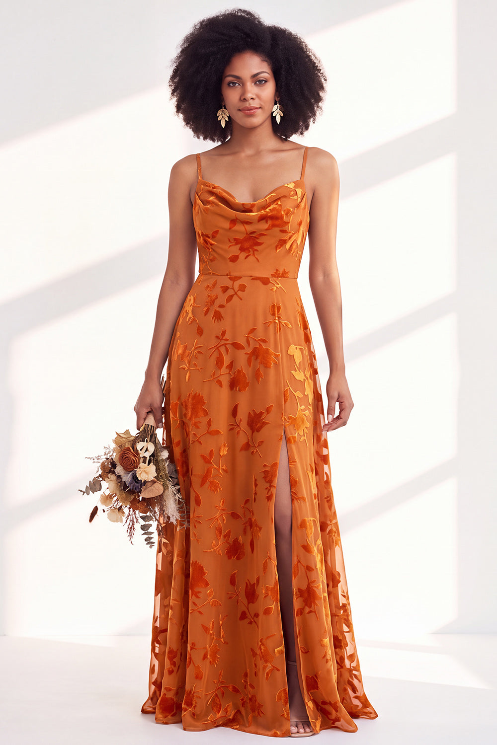 ZAPAKA Women Cowl Neck Floral Velvet Bridesmaid Dress Spaghetti Straps Long A-Line Wedding Party Dress with Slit, Orange / US16