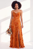 Green A-Line Cowl Floral Velvet Long Bridesmaid Dress with Slit