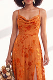 Green A-Line Cowl Floral Velvet Long Bridesmaid Dress with Slit