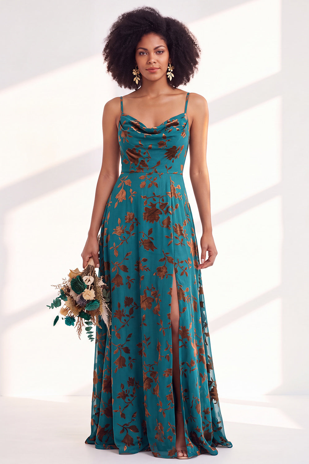 ZAPAKA Women Cowl Neck Floral Velvet Bridesmaid Dress Spaghetti Straps Long A-Line Wedding Party Dress with Slit, Peacock Blue / US4