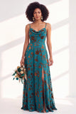 Green A-Line Cowl Floral Velvet Long Bridesmaid Dress with Slit