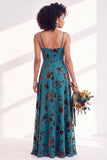 Green A-Line Cowl Floral Velvet Long Bridesmaid Dress with Slit