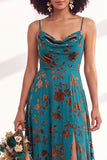Green A-Line Cowl Floral Velvet Long Bridesmaid Dress with Slit