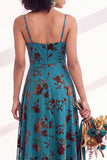 Green A-Line Cowl Floral Velvet Long Bridesmaid Dress with Slit