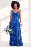 Green A-Line Cowl Floral Velvet Long Bridesmaid Dress with Slit