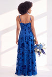 Green A-Line Cowl Floral Velvet Long Bridesmaid Dress with Slit