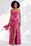 Blue Square Neck Velvet Corset Floral Ruched Long Bridesmaid Dress with Slit