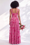 Blue Square Neck Velvet Corset Floral Ruched Long Bridesmaid Dress with Slit