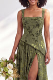 Blue Square Neck Velvet Corset Floral Ruched Long Bridesmaid Dress with Slit