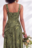 Blue Square Neck Velvet Corset Floral Ruched Long Bridesmaid Dress with Slit