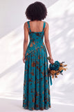 Blue Square Neck Velvet Corset Floral Ruched Long Bridesmaid Dress with Slit