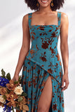 Blue Square Neck Velvet Corset Floral Ruched Long Bridesmaid Dress with Slit