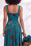 Blue Square Neck Velvet Corset Floral Ruched Long Bridesmaid Dress with Slit