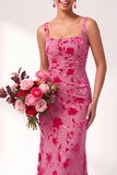 Mermaid Square Neck Velvet Floral Ruched Long Bridesmaid Dress