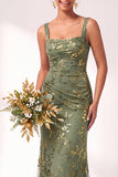 Mermaid Square Neck Velvet Floral Ruched Long Bridesmaid Dress