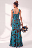 Mermaid Square Neck Velvet Floral Ruched Long Bridesmaid Dress