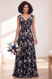 Black Silver Flower Velvet Ruched Long Bridesmaid Dress with Cap Sleeves
