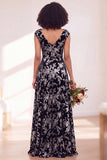 Black Silver Flower Velvet Ruched Long Bridesmaid Dress with Cap Sleeves