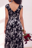 Black Silver Flower Velvet Ruched Long Bridesmaid Dress with Cap Sleeves