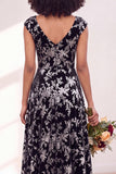 Black Silver Flower Velvet Ruched Long Bridesmaid Dress with Cap Sleeves