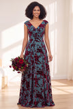 Black Silver Flower Velvet Ruched Long Bridesmaid Dress with Cap Sleeves