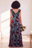 Black Silver Flower Velvet Ruched Long Bridesmaid Dress with Cap Sleeves