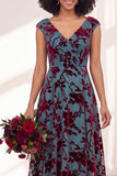 Black Silver Flower Velvet Ruched Long Bridesmaid Dress with Cap Sleeves