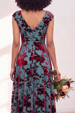 Black Silver Flower Velvet Ruched Long Bridesmaid Dress with Cap Sleeves