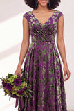 Black Silver Flower Velvet Ruched Long Bridesmaid Dress with Cap Sleeves