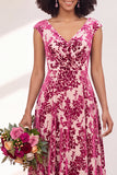 Black Silver Flower Velvet Ruched Long Bridesmaid Dress with Cap Sleeves