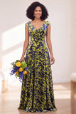 Black Silver Flower Velvet Ruched Long Bridesmaid Dress with Cap Sleeves