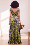 Black Silver Flower Velvet Ruched Long Bridesmaid Dress with Cap Sleeves