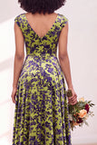 Black Silver Flower Velvet Ruched Long Bridesmaid Dress with Cap Sleeves