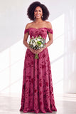 Off The Shoulder Fuchsia Floral Velvet A-Line Long Bridesmaid Dress
