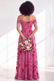 Off The Shoulder Fuchsia Floral Velvet A-Line Long Bridesmaid Dress