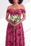 Off The Shoulder Fuchsia Floral Velvet A-Line Long Bridesmaid Dress