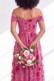 Off The Shoulder Fuchsia Floral Velvet A-Line Long Bridesmaid Dress
