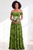 Off The Shoulder Fuchsia Floral Velvet A-Line Long Bridesmaid Dress
