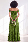 Off The Shoulder Fuchsia Floral Velvet A-Line Long Bridesmaid Dress